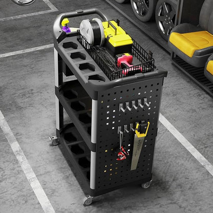 HOMCOM 3 Tier Utility Cart on Wheels, Rolling Tool Storage with Pegboards and Bucket, 200 LBS Load Capacity Plastic Service Cart for Garage, Warehouse, Workshop, Black and Light Gray
