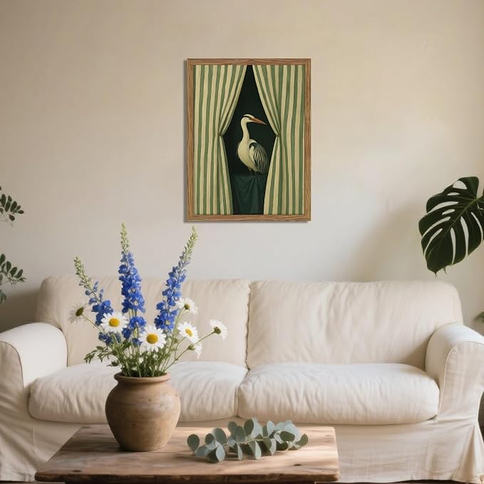 Framed Curtain Crane Canvas Wall ArtFramed Bird Wall Art, Elegant Heron Canvas Print, Vintage Coastal Bird Wall Decor, Abstract Heron Painting, Striped Curtain Picture Poster Artwork for Living Room Bedroom 16x24 inch