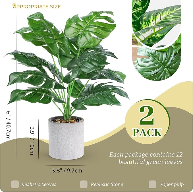2pcs Fake Plants 16" Faux Plants Artificial Tropical Plants Indoor for Home Office Desk Kitchen Bathroom Table Shelf Decor