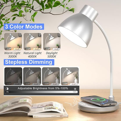 Desk Lamp for Home Office - LED Desk Lamp with Wireless Charger, 3 Color Modes Dimmable Eye-Caring Study Reading Desk Light, Small Flexible Arm Table Lamp for College Dorm Room Bedside, Silver