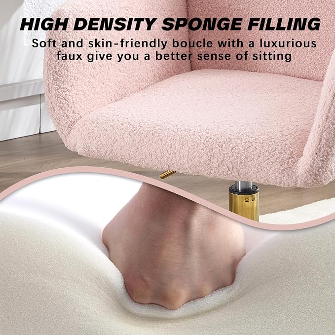KCC Faux Fur Vanity Makeup Desk Chair, Comfy Fluffy Swivel Modern Leisure Armchair with Wheels, Upholstered Fuzzy Height Adjustable for Teens Women Girls Elegant Home Office, Pink