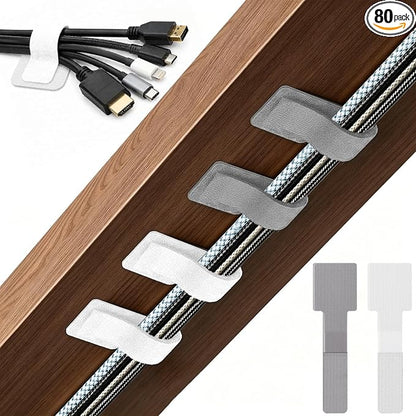 80 PCS Hook and Loop Cable Ties, Self Adhesive Cable Management Straps, Reusable Cord and Wire Organizer Clips for Under Desk, Computer, TV, Gaming Setup, Home Office and Kitchen, White and Gray