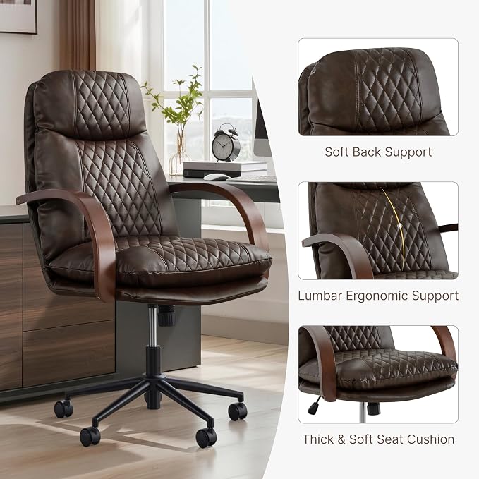 KISLOT Home Office Desk Chair, Ergonomic Office Chair with Lumbar Support, Adjustable Swivel Computer Chair with Wheels, Faux Leather Executive Task Chair with Wood Arms, Espresso