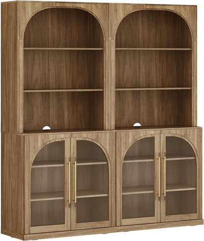 BELLEZE Set of 2 Pantry Storage Cabinet with Hutch, Modular Cabinet with Adjustable Shelves for Organizing, Visible Storage with Glass Door, Wood Highboard for Living Room and Home Office, Camel