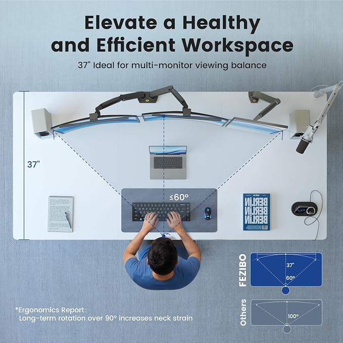FEZIBO 63 x 37 Inch Standing Desk with Integrated Dual-Beam, Cable Management, 3 Memory Height Adjustable Computer Desk for Home Office Workstation, 1" Thick Large 3-Piece Desktop White