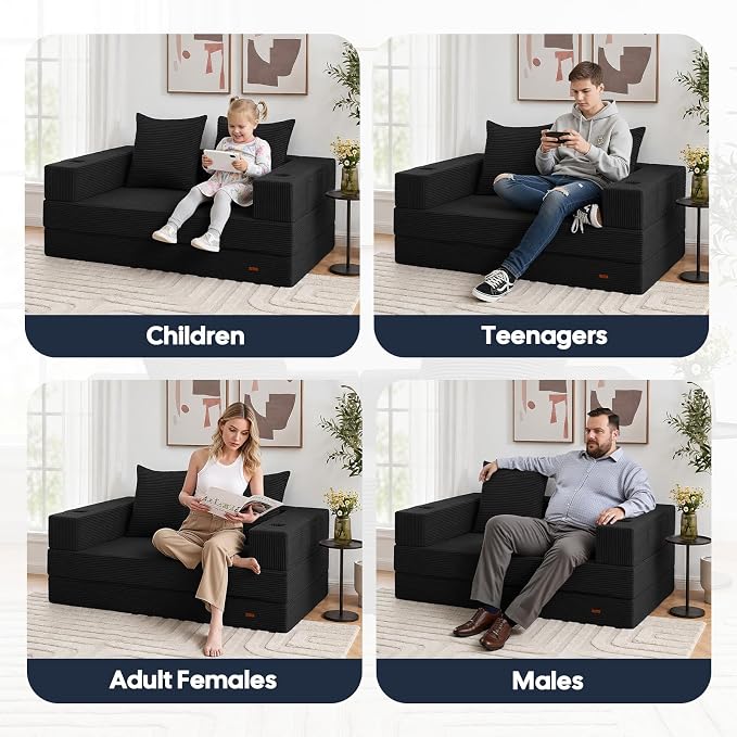 COMAX Futon Sofa Bed, 4‑in‑1 Convertible Sofa Bed, Folding Boneless Couches | Boneless Couch for living room, Fold Out Small Foldable Loveseat Floor Sleeper Mattress Lounge Space‑Saving, Black