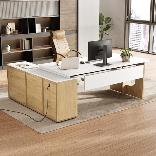 LITTLE TREE 74-Inch Executive L-Shaped Desk with Storage Cabinet & Shelves, Large Home Office Computer Desk, Modern Business Workstation for Professionals (Oak & White)