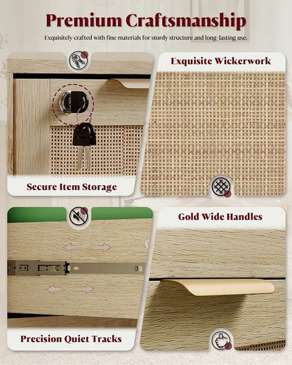 HOPUBUY 2 Drawer File Cabinet with Lock Set of 2, Printer Stand Lateral Filing Cabinets for Home Office and School, Wood Rattan File Cabinet for Hanging Files/Letter/Legal/A4/F4 Size, Natural Wood