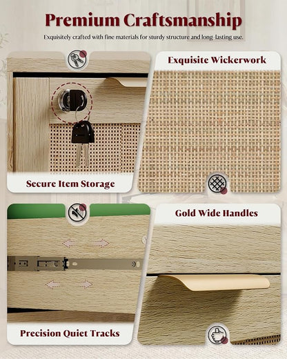 HOPUBUY 3 Drawer File Cabinet with Lock, Wood Rattan Lateral Filing Cabinet for Home Office, Printer Stand with 3 Open Shelves for Letter/Legal/A4/F4 Size, Adjustable Hanging Bars, Natural Wood