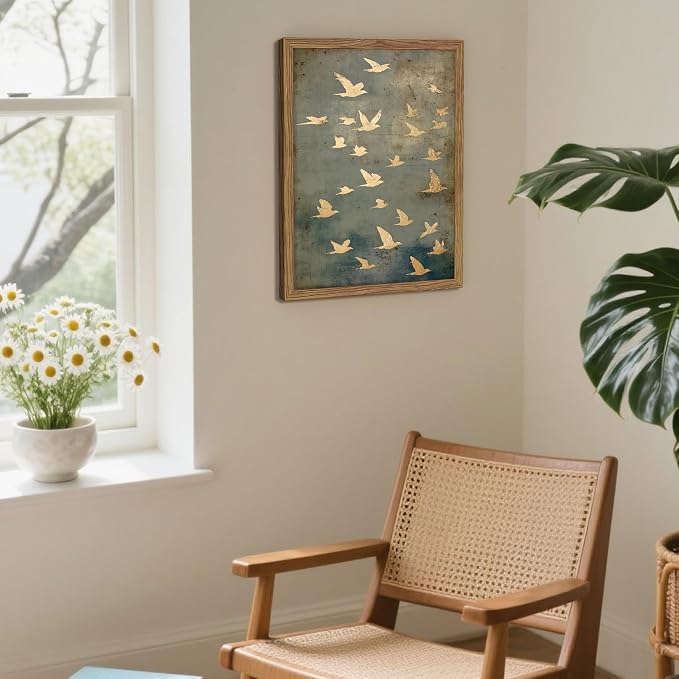 Framed Flock of Birds Canvas Wall Art, Vintage Minimalist Abstract Landscape Painting, Neutral Gold Birds Spiritual Wall Decor, Modern Aesthetic Pictures for Bedroom Living Room 16x24 inch