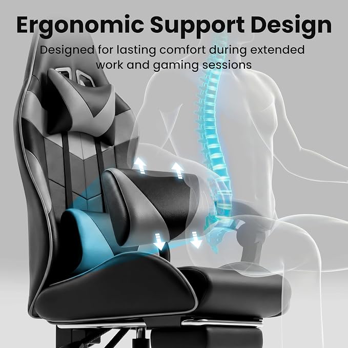 Gaming Chair, Ergonomic Computer Chair with Footrest and Lumbar Support, Height Adjustable Office Chair with 360° Swivel Seat and Headrest (Black & Grey)