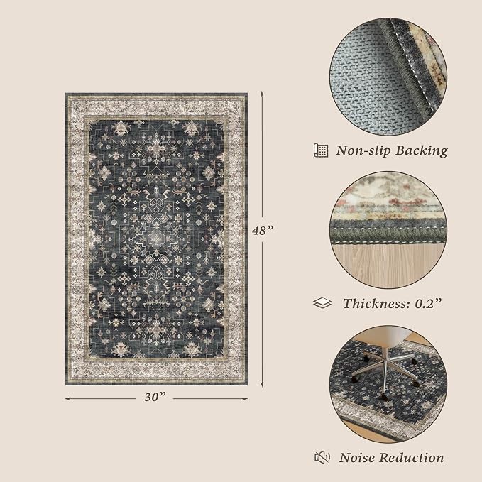 2'5"x4' Black Boho Office Chair Mat for Hardwood Floors - Dark Modern Aesthetic Under Desk Rug, Low Pile Floor Protector for Heavy Duty Computer Chair with Non-Slip Backing, Black & Multi