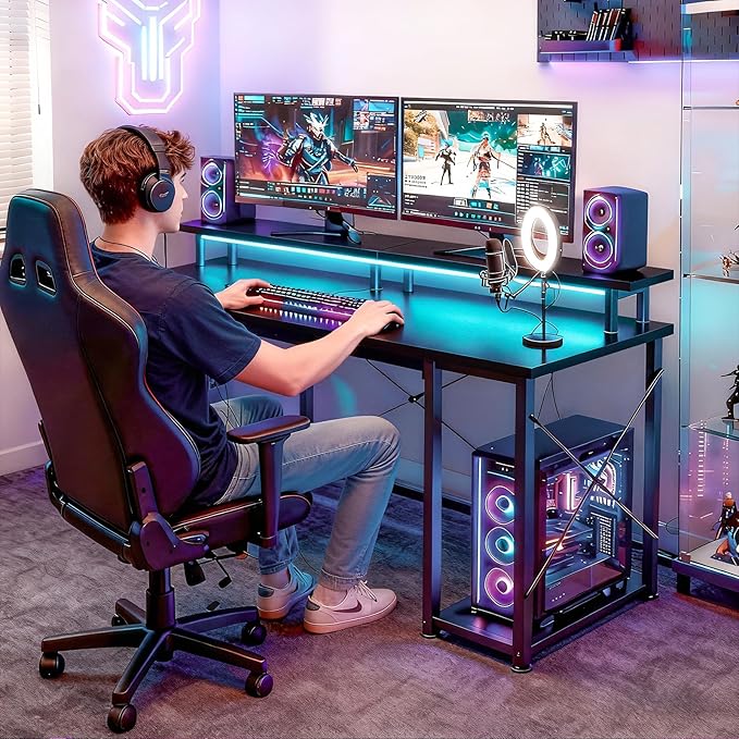 ODK 48 inch Gaming Desk with LED Lights, Computer Desk with Monitor Stand & Storage Shelves, CPU Stand, Home Office Desk, Black