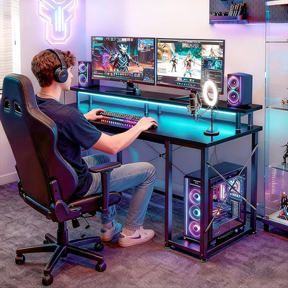 ODK 48 inch Gaming Desk with LED Lights, Computer Desk with Monitor Stand & Storage Shelves, CPU Stand, Home Office Desk, Black