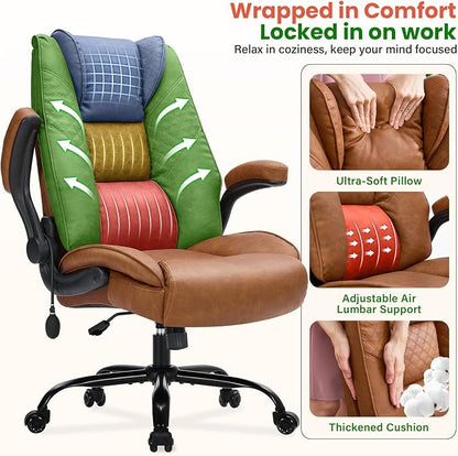 500lbs Big and Tall Office Chair with Inflatable Lumbar Support, Rubber Wheels Executive Chair with Rocking Function, High Back Wide Cushion Leather Ergonomic Computer Desk Chair for All-Day Sitting