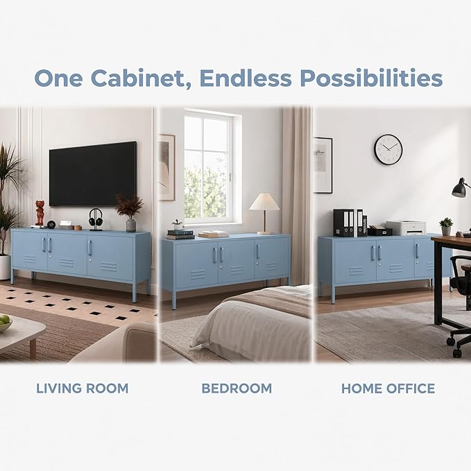 Blue Industrial Metal TV Stand with Lockable Storage Cabinet, Wide 3-Door Media Console, Adjustable Shelves, Multipurpose Accent Cabinet for Living Room Bedroom Home Office