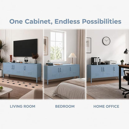 Blue Industrial Metal TV Stand with Lockable Storage Cabinet, Wide 3-Door Media Console, Adjustable Shelves, Multipurpose Accent Cabinet for Living Room Bedroom Home Office