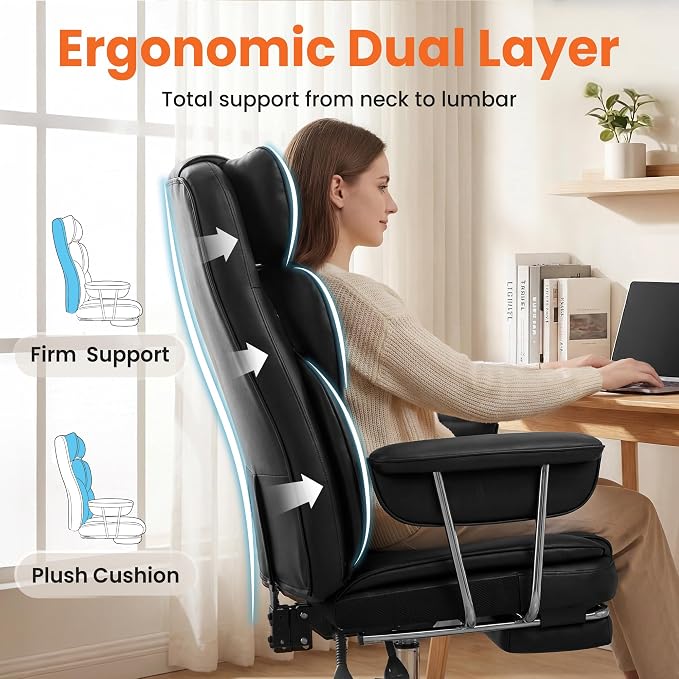 NEO CHAIR Big and Tall Office Chair Gaming Computer Chair High Back Heavy Duty Desk Chai with Lumbar Support Adjustable Recliner Footrest Wide Seat Leather Executive Home with Wheels (Leather Black)