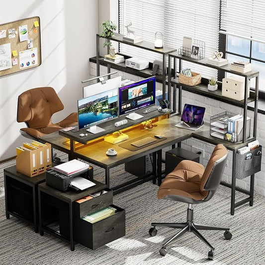 REAHOME 70 Inch L Shaped Desk with File Drawers and Reversible Storage Shelves, Computer Desk with Power Outlet & LED Strip, Home Office Desks, Bookshelf Desk, Writing Study Desk for Bedroom, Grey Oak