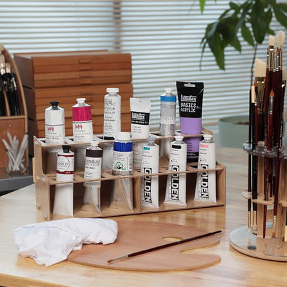 HG Art Concepts Mezzo Artist Paint and Brush Racks - Wood Grain Laminate Multi Layer Desk Stand Professional Storage Display Organizer for Paintbrushes & Large Tubes - 3 Pack