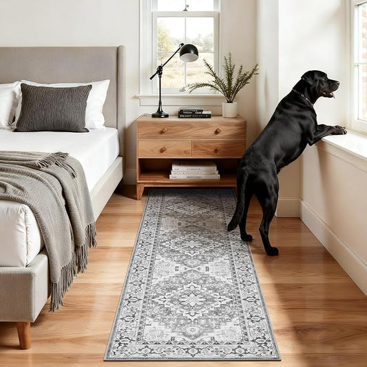 Lofus 2x6 Hallway Washable Runner Rug, Vintage Kitchen Runners Non Slip, Entryway Rugs for Bathroom Bedroom Living Room Laundry Room Floor Mat, Boho Entry Long Carpet, Floral Grey