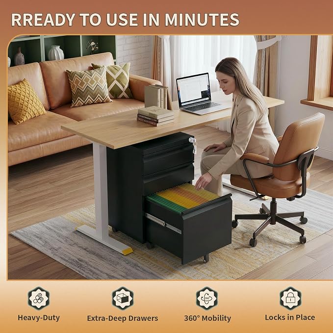 3 Drawer Under Desk Storage,Small File Cabinet with Lock,Filing Cabinet for Home Office,Mobile Metal Drawer Organizer for Letter/Legal/A4,Fully Assembled,Black