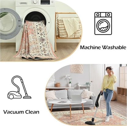 Goideal Washable Rug 8x10, Vintage Area Rugs Non Slip, Indoor Low Pile Carpet with Rubber Backing for Living Room Kitchen Bathroom Entryway Office Bedroom,Dusty Rose