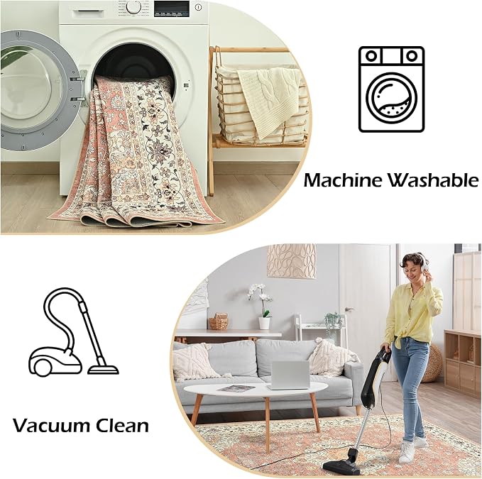 Goideal Washable Rug 2x3, Vintage Area Rugs Non Slip, Indoor Low Pile Carpet with Rubber Backing for Kitchen Bathroom Entryway Office Bedroom,Dusty Rose