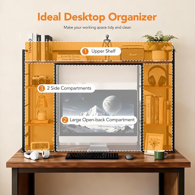 ZIFTY 39.4" Desktop Bookshelf Countertop Storage Hutch with 8 Shelves for Monitor up to 24", Large Desk Bookcase Organizer Display Shelf Rack for Computer Desk, Home Office Dorm Home Anti-tip Device