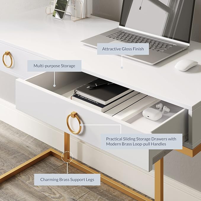 BELLEZE Vanity Desk with 2 Drawers, 45 Inch Computer Desk Mordern Vanity Makeup Dressing Table Home Office Desk Laptop Study Writing Table with Gold Metal Frame, White