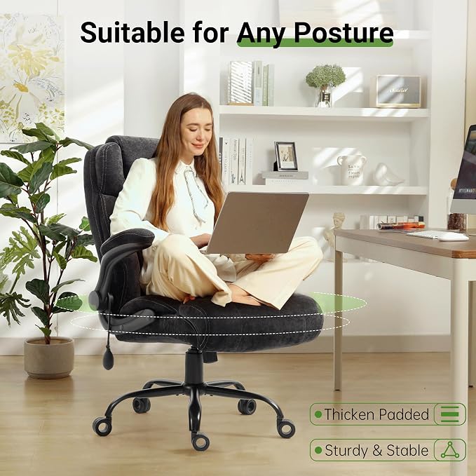 Office Chair, Big and Tall Executive Chairs with Lumbar Support for Back Pain,Breathable Desk Computer Chair with Adjustable Flip-up Armrests,Wide Cushion Swivel Home Office Chair Fabric black