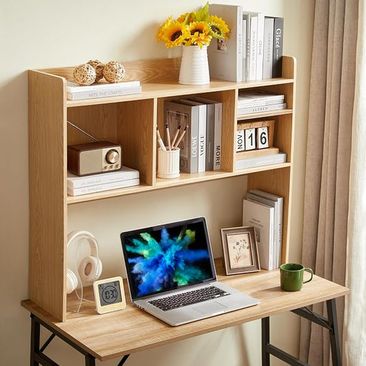 Nromant Desktop Bookshelf, Wooden Desk Storage Hutch with 6 Shelves for Computer Desk, 3-Tier Desktop Display Organizer Rack for Office Home (Natural)