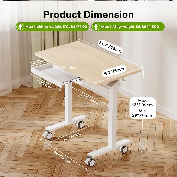 Standing Desk for Walking Pad with Wheels, Pneumatic Cordless Height Adjustable Rolling Desk, Computer Workstation with Drawer Hook Locking Casters for Treadmill Home Office, Light Wood