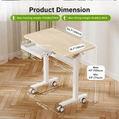 Standing Desk for Walking Pad with Wheels, Pneumatic Cordless Height Adjustable Rolling Desk, Computer Workstation with Drawer Hook Locking Casters for Treadmill Home Office, Light Wood