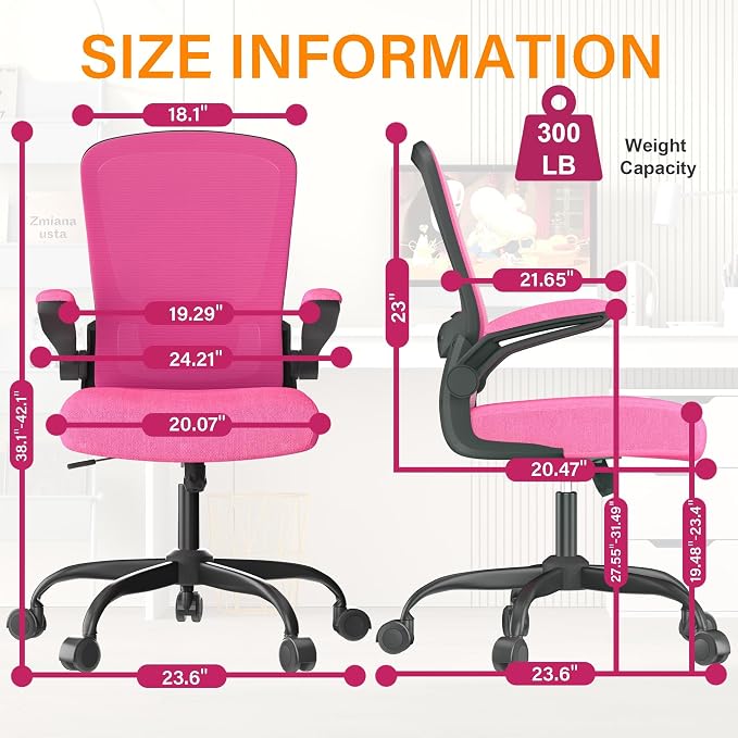 Mimoglad Ergonomic Office Chair - Desk Chair with Flip-up Armrests & 135° Recline, Adjustable Lumbar Support - Space-Saving Task Chair for Business/Team Office & Home (Modern, Rose-Carmine)