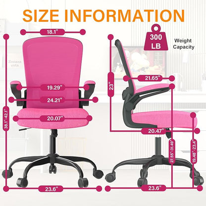 Mimoglad Ergonomic Office Chair - Desk Chair with Flip-up Armrests & 135° Recline, Adjustable Lumbar Support - Space-Saving Task Chair for Business/Team Office & Home (Modern, Rose-Carmine)