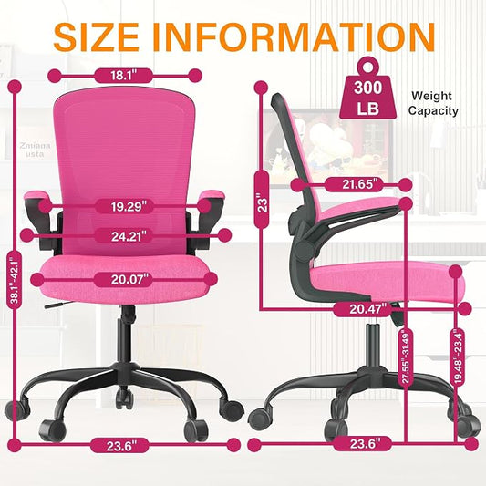 Mimoglad Ergonomic Office Chair - Desk Chair with Flip-up Armrests & 135° Recline, Adjustable Lumbar Support - Space-Saving Task Chair for Business/Team Office & Home (Modern, Rose-Carmine)