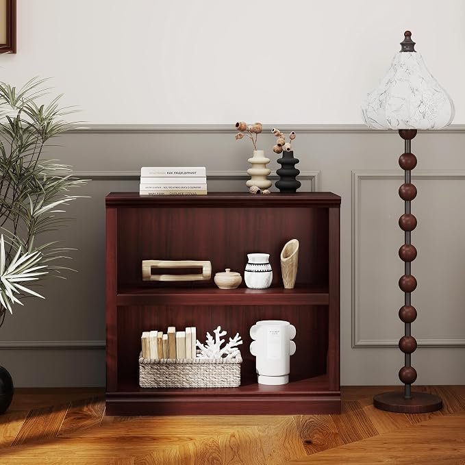 blini 2-Shelf Bookcase Mahogany Wooden Bookshelves 33in Wide Floor Standing Display Storage Shelves Mahogany Bookcase for Home Office, Living Room, Bed Room