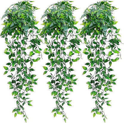 LOYWREE 3 Pack Small Artificial Hanging Mandala Plant with Pot Faux Plants Indoor Fake Small Potted Plant 28.7-In Long Faux Vine Shelf Decor Ideal for Indoor Outdoor Home Office Decoration (Black Pot)