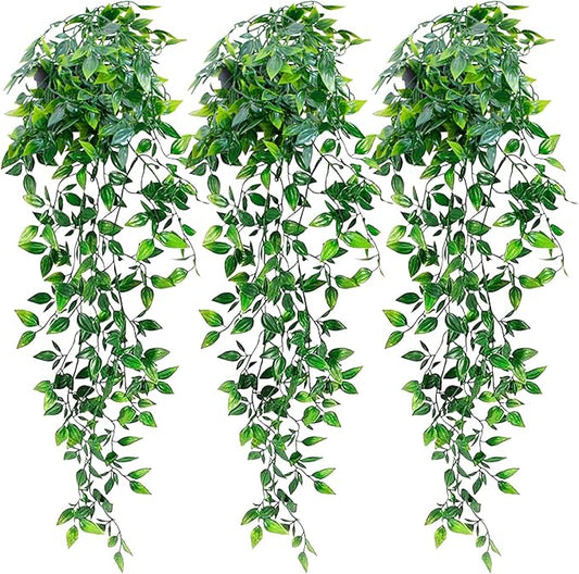 LOYWREE 3 Pack Small Artificial Hanging Mandala Plant with Pot Faux Plants Indoor Fake Small Potted Plant 28.7-In Long Faux Vine Shelf Decor Ideal for Indoor Outdoor Home Office Decoration (Black Pot)