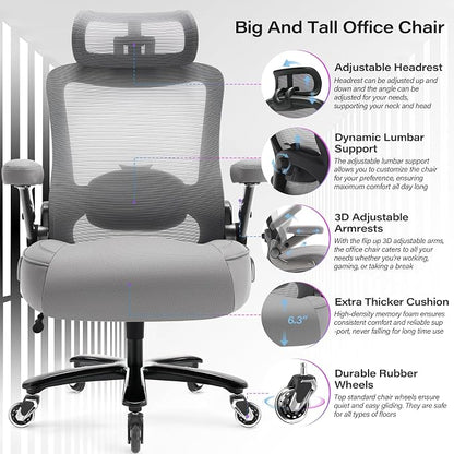 Big and Tall Office Chair 600lbs with 3D Flip Arms, Heavy Duty Large Executive Computer Desk Chair Ergonomic Mesh High Back Plus Size Chair for Adults