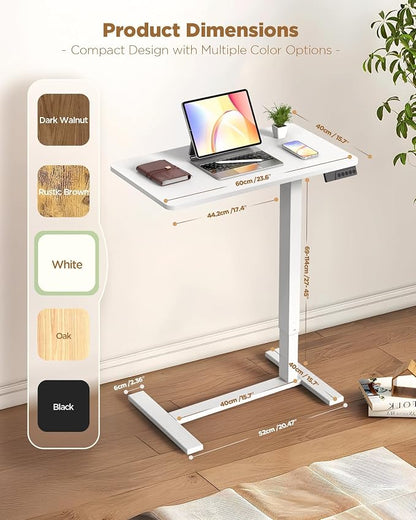 Overbed Bedside Table with Wheels, Electric Standing Desk Adjustable Height, Small Computer Desk for Home Office, Rolling Laptop Desk for Bed, Sofa, or Hospital Use (24"x16",White)