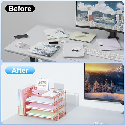 Spacrea Desk Organizers and Accessories, Paper Organizer for Desk with File organizer, Desk Accessories & Workspace Organizers for Office Supplies (Rose Gold)