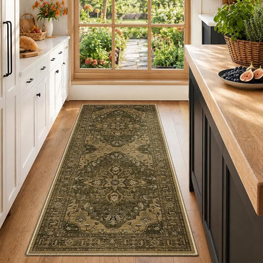 RELEANY Area Rugs Runner 2'x6' Washable Non-Slip, Floral Vintage Distress Medallion Carpet for Kitchen Hallway Bedroom Beside Laundry Room Bathroom, Brown Dark Brown