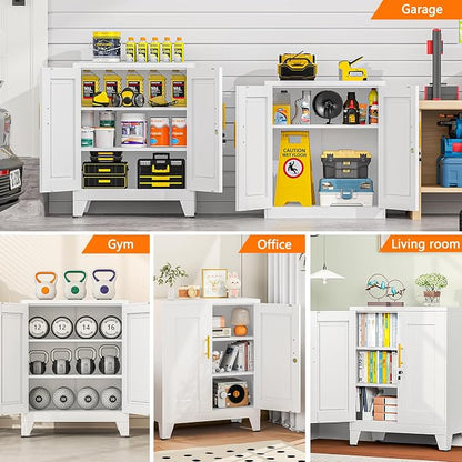 36 Inch Locking Storage Cabinet, 13.8" D x 27.6" W x 35.4" H, Metal Cabinet with 2 Adjustable Shelves, Heavy-Duty Steel Garage Storage Cabinet for Home, Office, Basement, White
