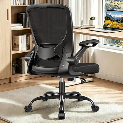 BESTFAIR Ergonomic Office Chair, Mesh Computer Desk Chair with Lumbar Support, Swivel Chair with Flip-up Arms and Adjustable Height, Black