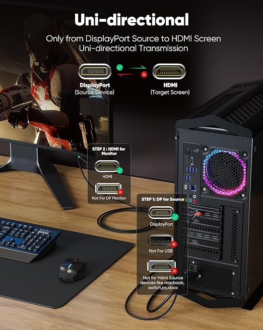 Highwings 4K DisplayPort to HDMI, 6.6ft DP to HDMI 1.4 Uni-Directional Cable, 4K@30Hz, 2K@60Hz, 1080P Full HD, Nylon Braided Cord for Dell, NVIDIA, AMD, HP, Monitor, Projector, Desktop (Red)