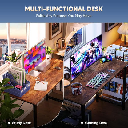 DUMOS 40 Inch Small Computer Desk Writing Gaming Study Work Desks for Bedroom Home Office with Metal Frame Simple Modern PC Table Workstation, Modern Brown