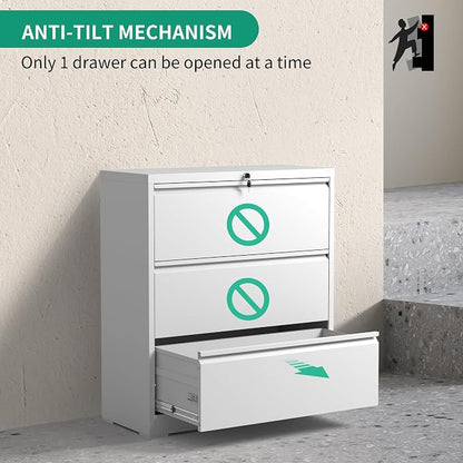 IKIMI 3 Drawer Lateral File Cabinets with Lock,White Metal Lateral Filing Cabinet for Home Office,Wide Steel Storage Cabinet Commercial Drawer Cabinet for Legal/Letter/A4 Size Files