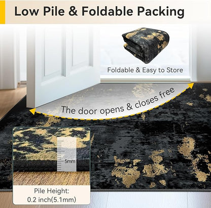 RELEANY Washable Area Rugs Square 8ft Non-Slip Modern Abstract Soft for Living Room Entryway Bedroom Kitchen, Print Pattern, Dark Black Gold
